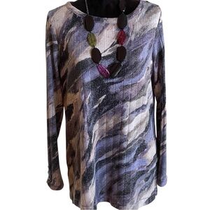 SUSAN GRAVER PURPLE & BLACK WATERCOLOR LONG SLEEVED TOP SZ MED